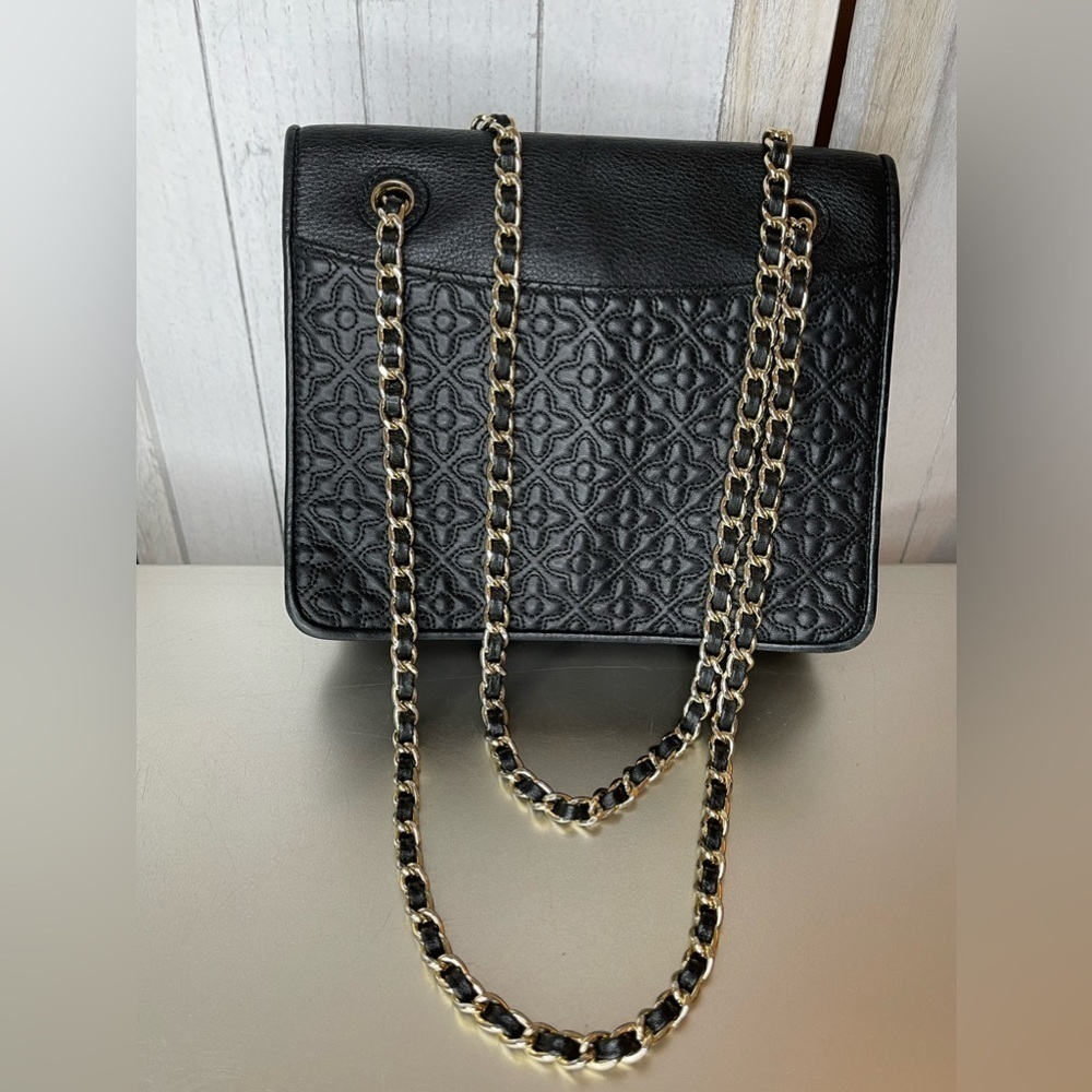 Tory Burch Bryant Medium Black Leather Womens Chain Shoulder Bag Floral Print